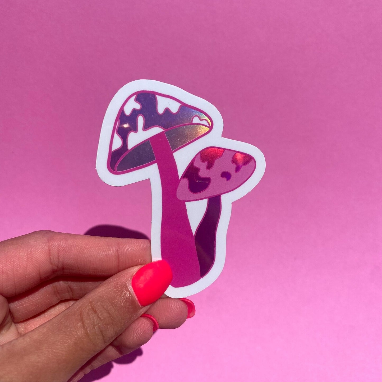 Pink Mushroom Sticker - Holographic Cow Print Mushroom Sticker