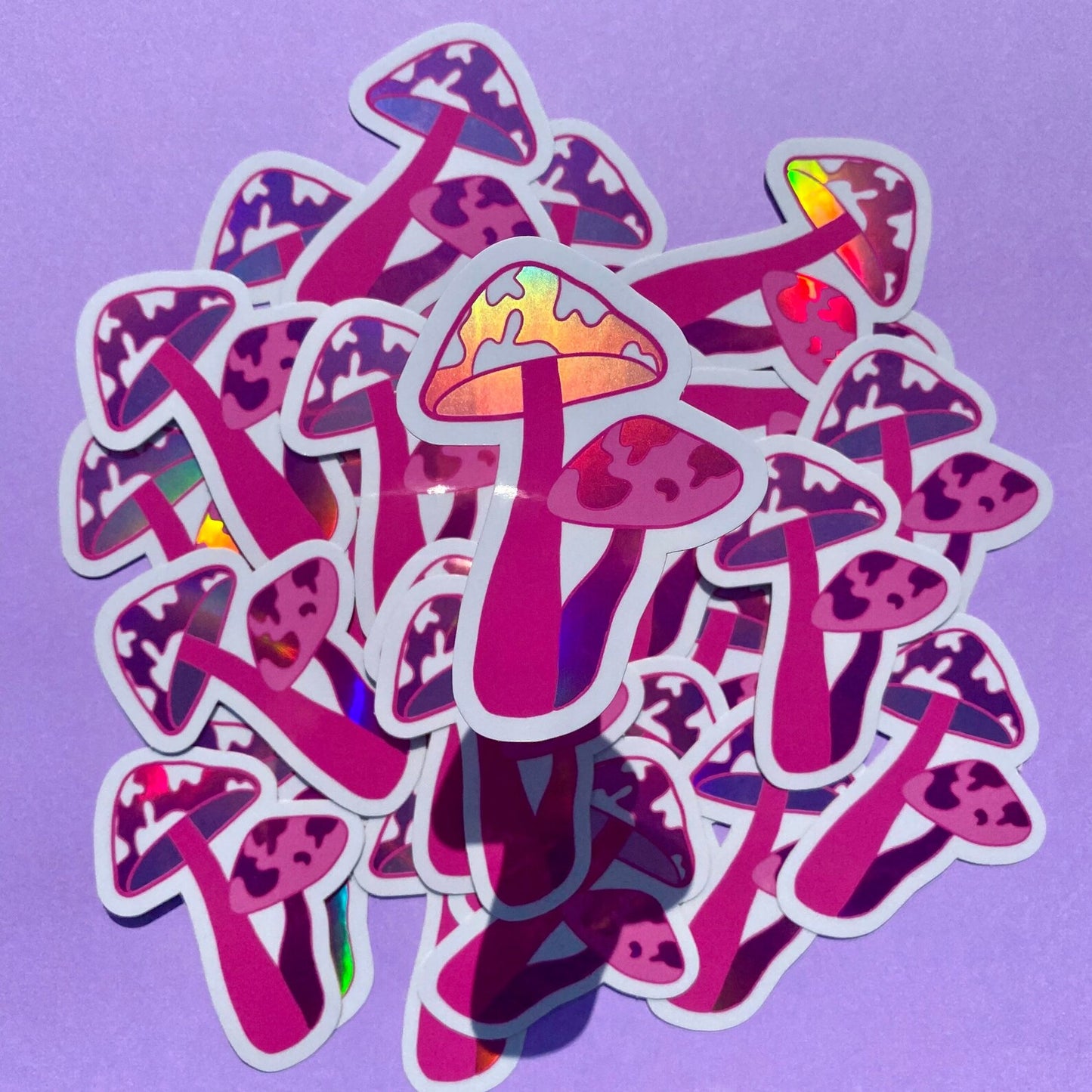 Pink Mushroom Sticker - Holographic Cow Print Mushroom Sticker