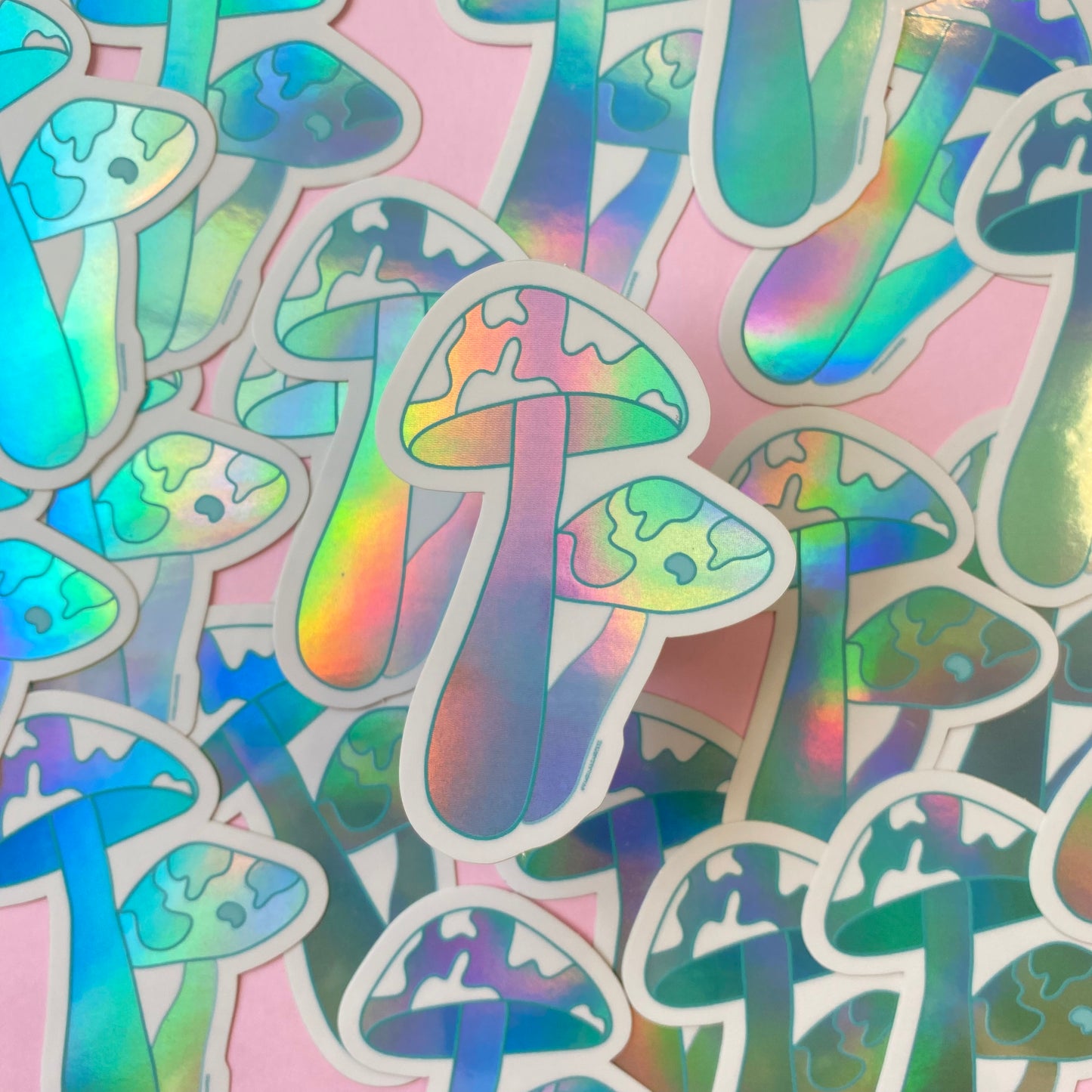 Teal Mushroom Sticker - Holographic Cow Print Mushroom Sticker