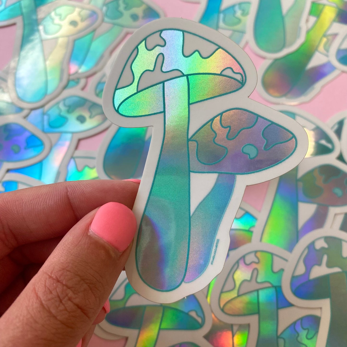 Teal Mushroom Sticker - Holographic Cow Print Mushroom Sticker